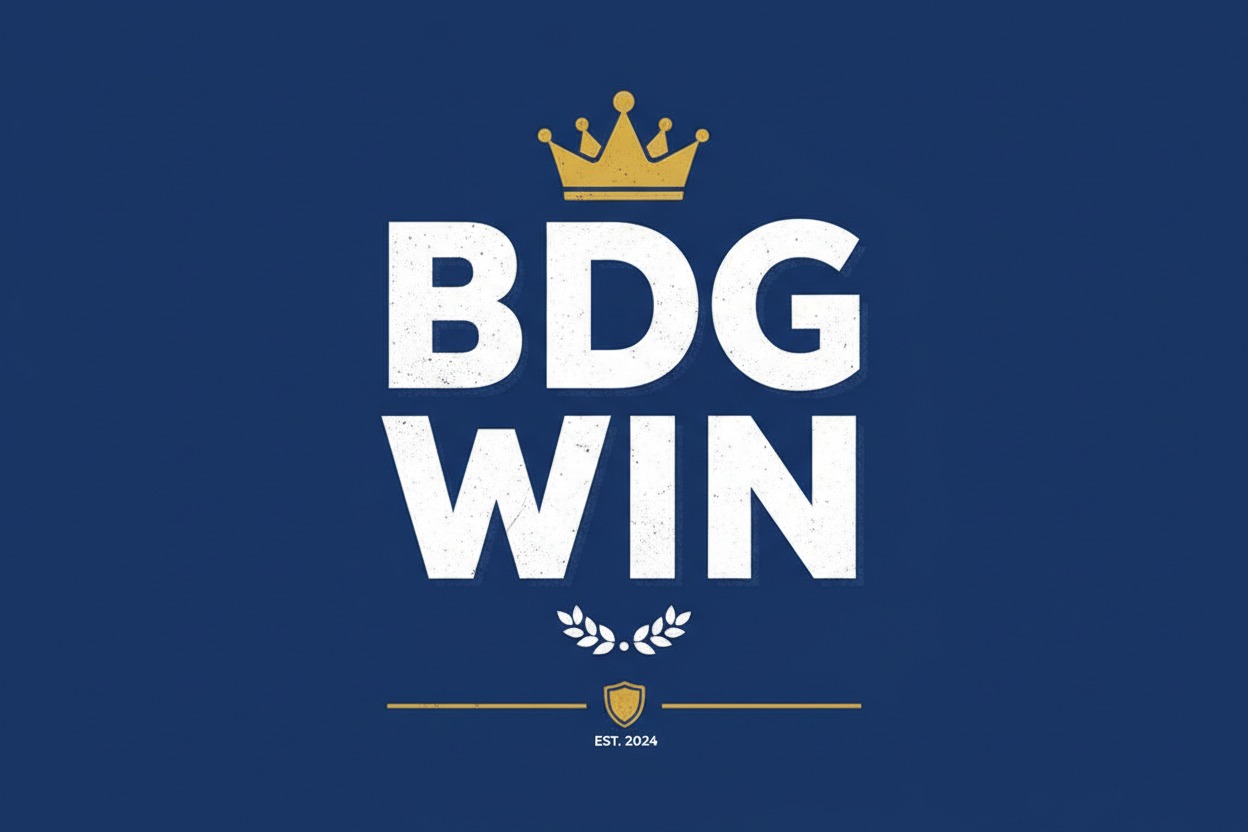 The BDG Win logo features a gold crown above the distressed white text "BDG WIN," with a small laurel wreath and shield at the bottom, all set against a dark blue background.